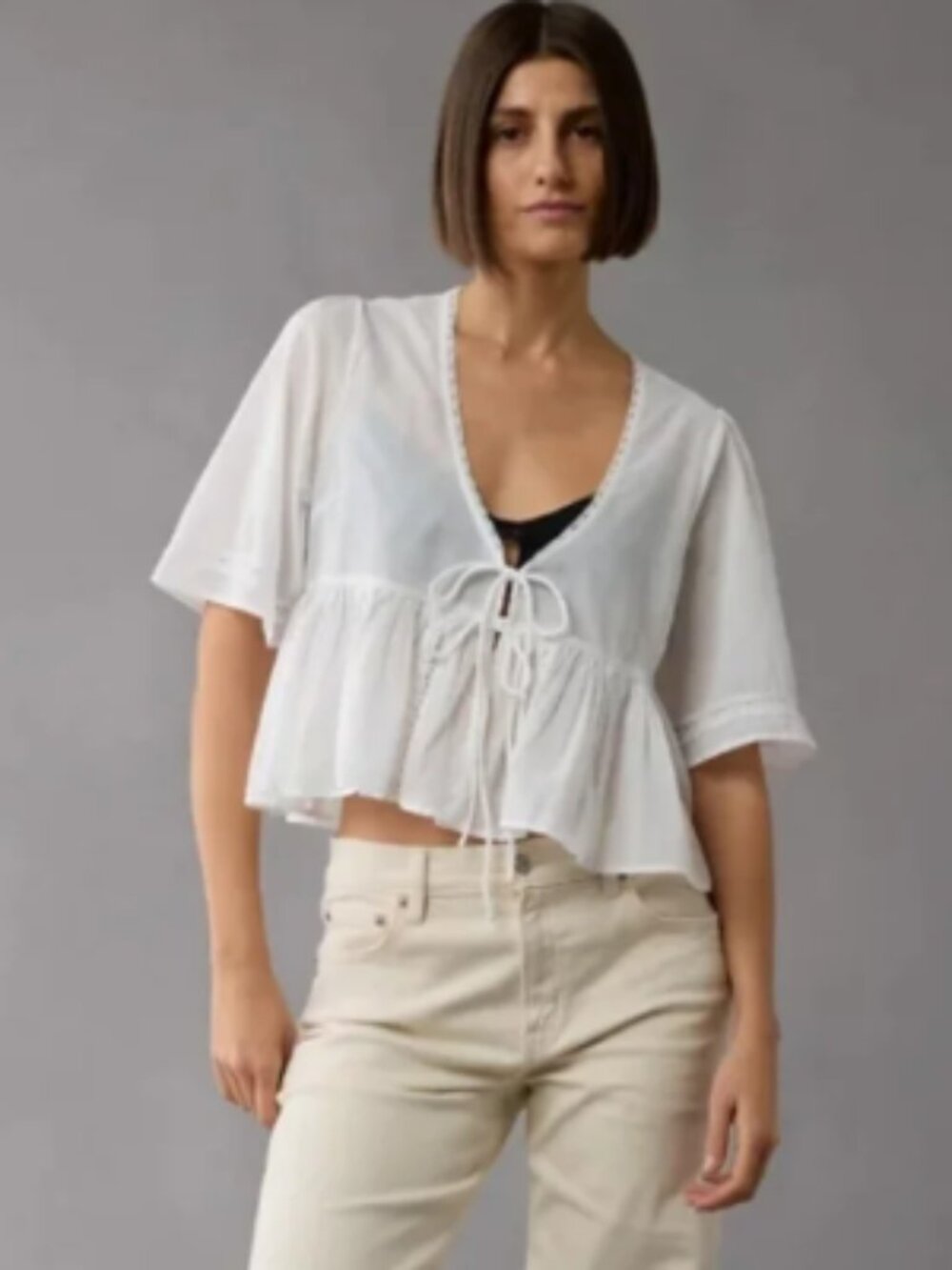 AE Tie Front Bell Sleeve Top